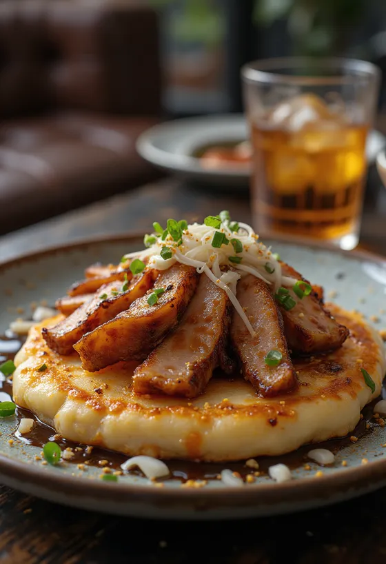 Sertéshússal készült okonomiyaki tálalva, okonomiyaki szósszal és bonito pelyhekkel