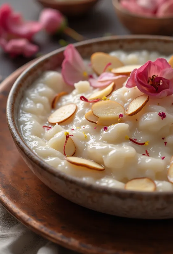 Phirni rózsavízzel, gazdag rizses puding mandulával és rózsavízzel díszítve