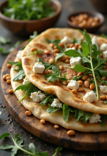 Piadina pirított fenyőmaggal és feta sajttal tálalva