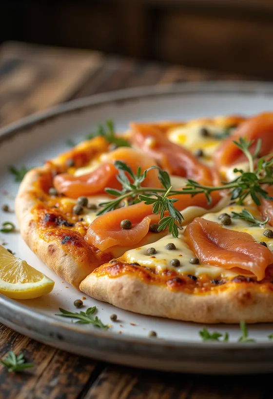 Pizza à la Norvégienne füstölt lazaccal, kapribogyóval és tejföllel