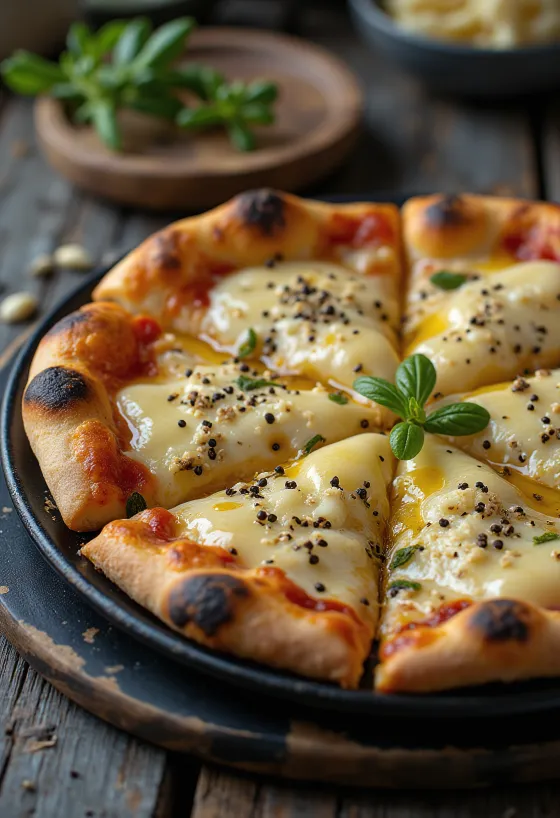 Pizza al Pepe különböző sajtokkal és friss borsokkal