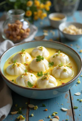 Rasmalai sáfránnyal, indiai édesség tejes alapú, pirított mandulával és pisztáciával díszítve
