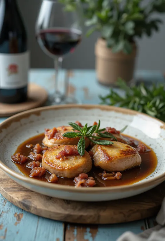 Saltimbocca borjúhúsból Marsala boros szósszal, sonkával és zsályalevéllel tálalva