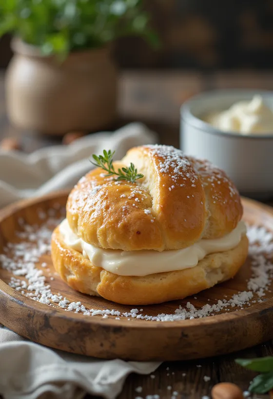 Semla vegán változatban, mandulakrémmel töltve és porcukorral megszórva