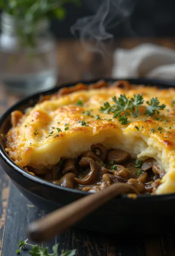Shepherd’s pie gombával tálalva, burgonyapürével a tetején