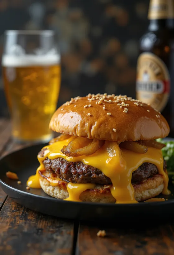 Sörös Sajtszószos Burger tálalva