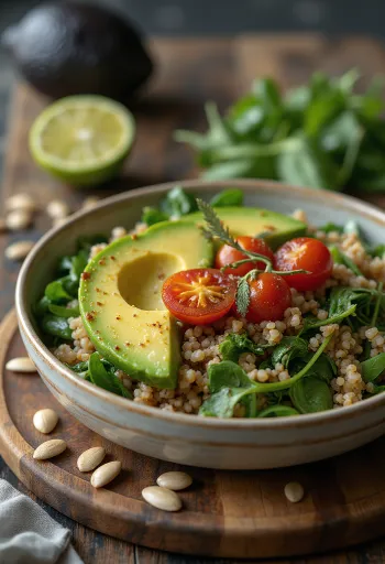 Spenótos quinoa Buddha-tál avokádóval
