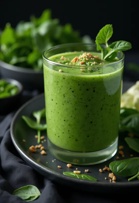 Spenótos smoothie magas pohárban, zöldségekkel és gyümölcsökkel díszítve