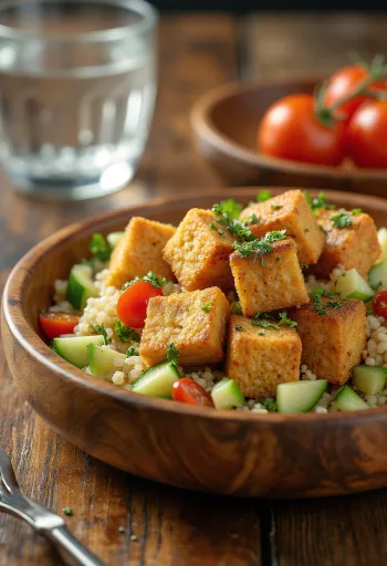 Sült tofu quinoa salátával tálalva