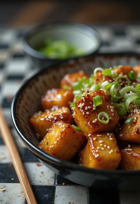 Sült tofu teriyaki szósszal tálalva