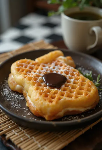Taiyaki csokoládéval, ropogós, aranybarna tészta, csokis töltelékkel, tálalva