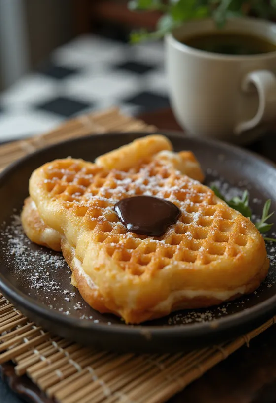 Taiyaki csokoládéval, ropogós, aranybarna tészta, csokis töltelékkel, tálalva