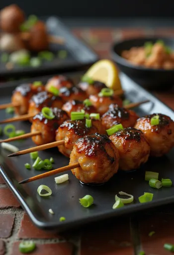 Tsukune yakitori, csirkehúsgombócok bambusz nyárson, szójaszósszal és szezámmaggal