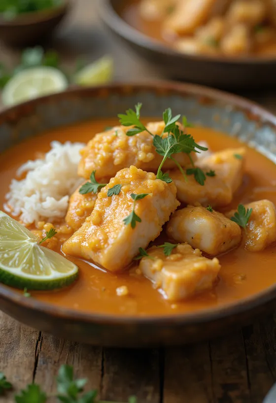 Vatapá de peixe com arroz tálalva, gazdag kókusztejes szósszal és rizssel