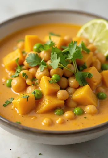 Vegán curry kókusztejjel és zöldségekkel tálalva