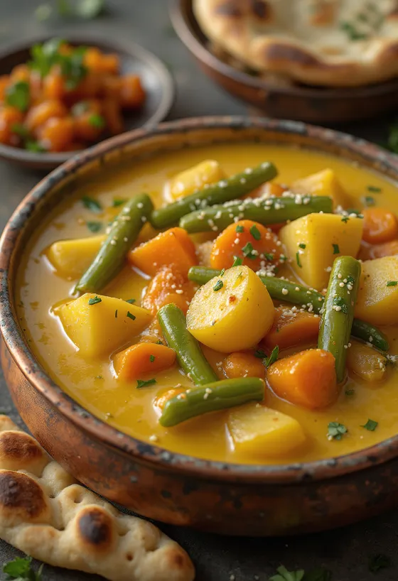 Zöldséges curry kókusztejjel tálalva