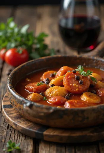 Callos chorizóval, gazdag fűszeres étel chorizóval és marhahússal tálalva