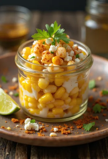 Esquites chili porral, feta sajttal és korianderrel megszórva tálalva