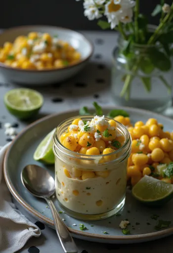 Esquites korianderrel, tejföllel és lime karikákkal tálalva