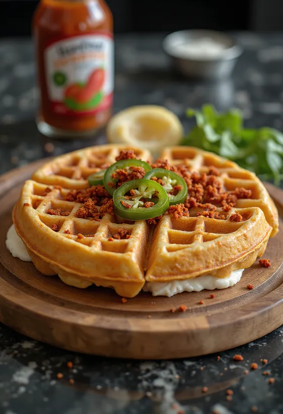 Extrém csípős gofri jalapeño paprikával és cheddar sajttal tálalva tejföllel