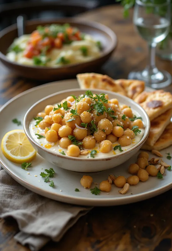 Fatteh citromlével, pirított pita darabokkal, csicseriborsóval, tahinis joghurttal és pörkölt fenyőmaggal.
