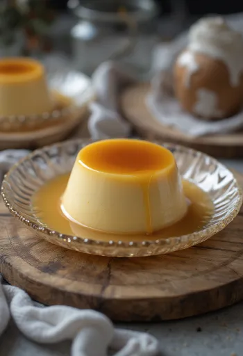 Flan karamellel tálalva, aranybarna karamell sziruppal