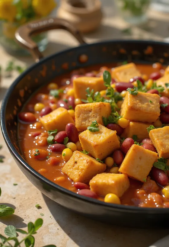 Fűszeres tofu babbal tálalva