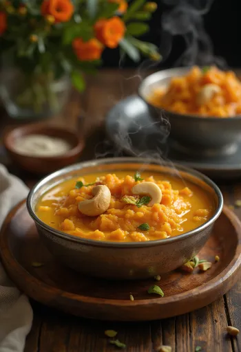 Gajar ka Halwa sárgarépával, gazdag fűszeres ízekkel.