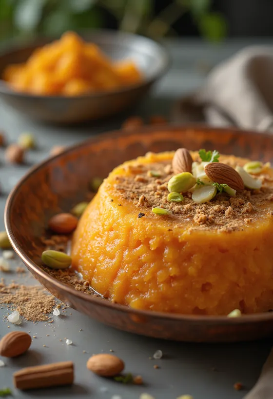 Gajar ka Halwa khoyával, díszítve pisztáciával és mandulával