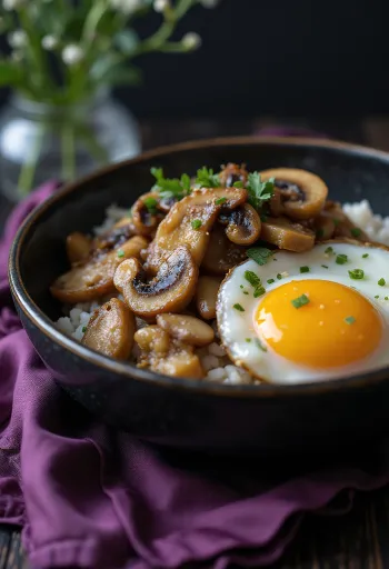 Gombás Sundae, japán étel friss tojással, pirított gombával és szezámmaggal