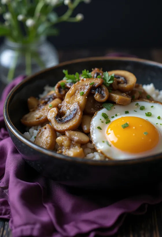 Gombás Sundae, japán étel friss tojással, pirított gombával és szezámmaggal