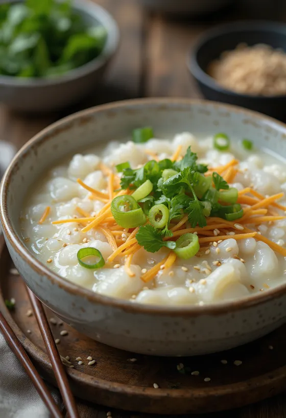 Gyömbéres Congee tálalva friss korianderrel és zöldhagymával