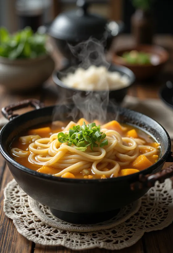 Hōtō udon tálban tálalt széles udon tészta gazdag tökös dashi alaplében, friss zöldhagymával és szezámmaggal díszítve