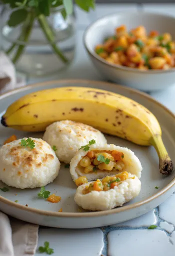 Idli sós töltelékkel, friss zöldségekkel tálalva