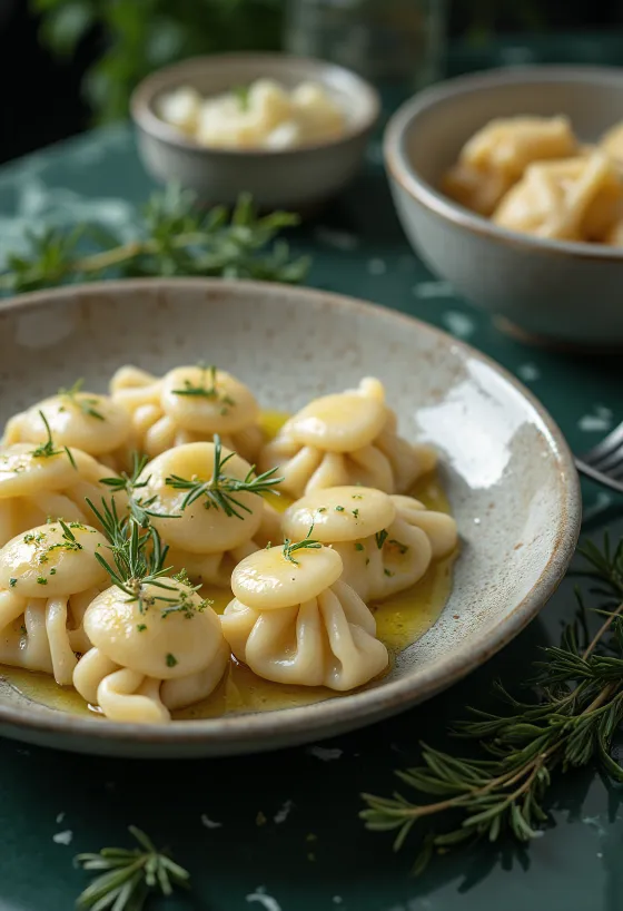 Kecskesajtos-rozmaringos dumpling tálalva