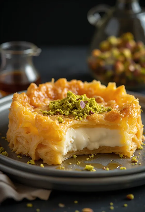 Knafeh ashta krémmel, ropogós aranybarna tésztaréteggel és pisztáciás díszítéssel