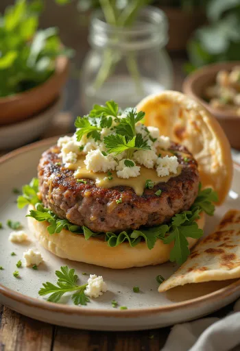 Közel-keleti hamburger tahini szósszal és bárányhúsos pogácsával