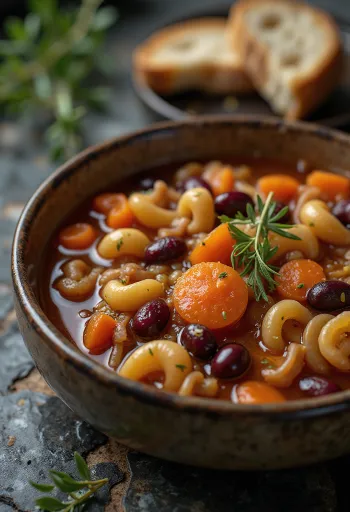 Minestrone vörösbabbal, zöldségekkel és tésztával tálalva, olaszos stílusban