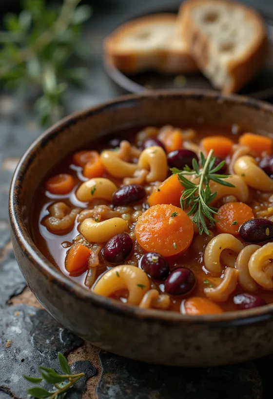 Minestrone vörösbabbal, zöldségekkel és tésztával tálalva, olaszos stílusban