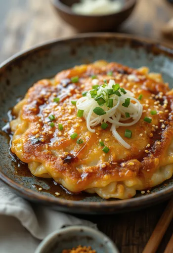 Szezámolajjal készült okonomiyaki tálalva, okonomiyaki szósszal és bonito pelyhekkel