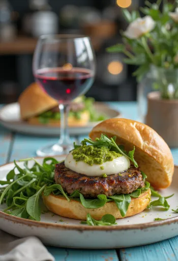 Frissen készült olasz hamburger mozzarellával és pestóval