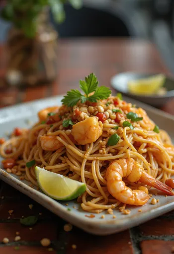 Pad Thai rizstésztával lime szeletekkel tálalva