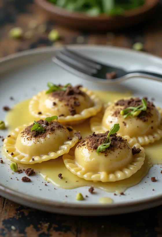 Pisztáciás és csokoládés ravioli tálalva