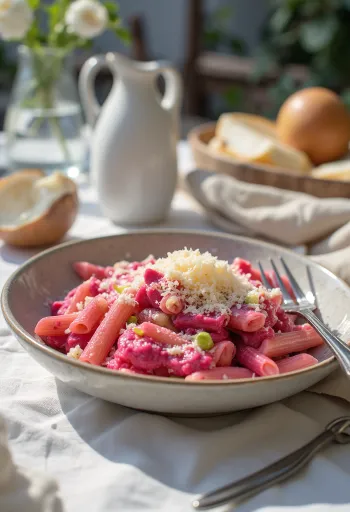 Prebiotikus céklás póréhagymás tészta friss petrezselyemmel és parmezánnal tálalva