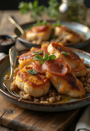 Saltimbocca borjúhús pancettával és zsályával, fehérboros szósszal tálalva