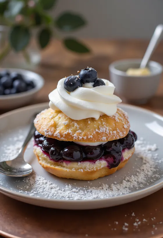 Semla áfonyalekvárral, tejszínhabbal tálalva