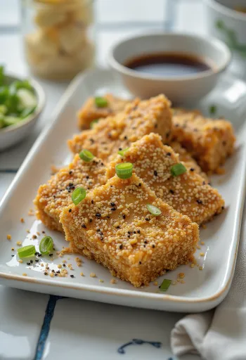 Sült tofu szezámmagos kéreggel, ropogós és aranybarnára sütve, tálalva friss zöldségekkel.