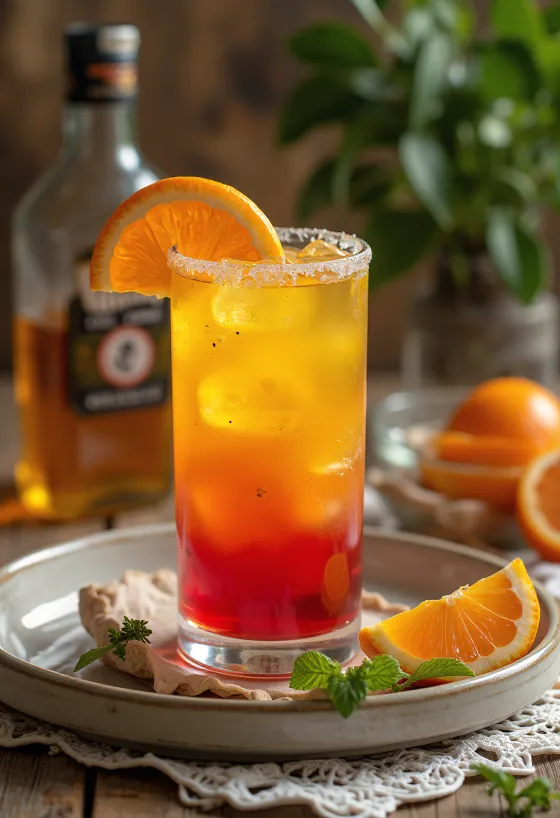 Tequila Sunrise koktél narancsszelettel és cseresznyével díszítve