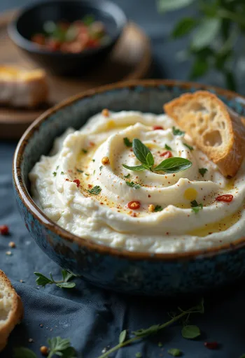 Tirokafteri feta sajttal és ricottával, gazdag feta sajtkrém tálalva pita kenyérrel és zöldségekkel