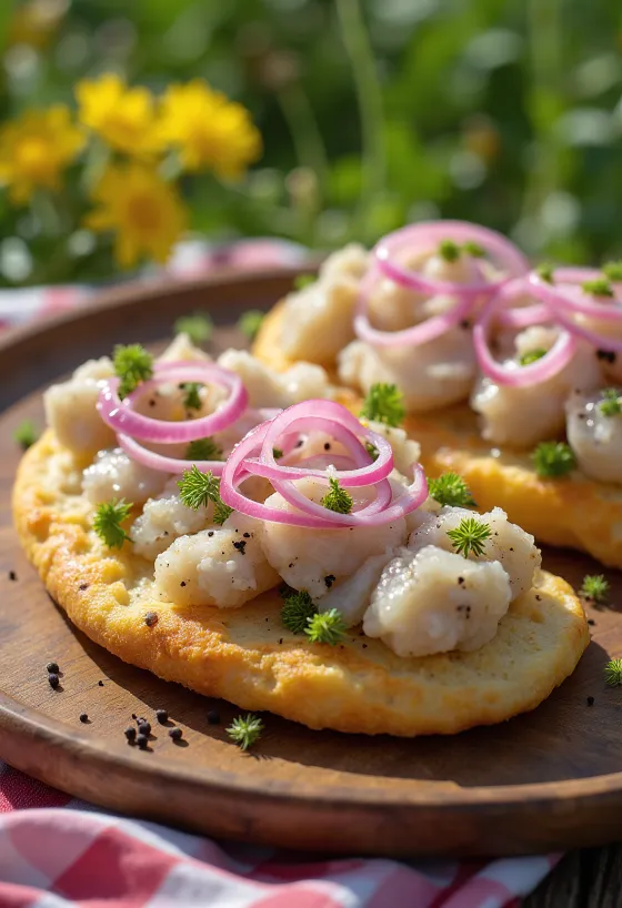 Tunnbröd surströmming szendvics, ropogós kenyérrel és friss zöldségekkel
